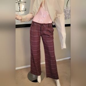 Y2k Free People Light Burgundy Blue Plaid Pleated Mid Rise Cuff Hem Wide Leg Y2k